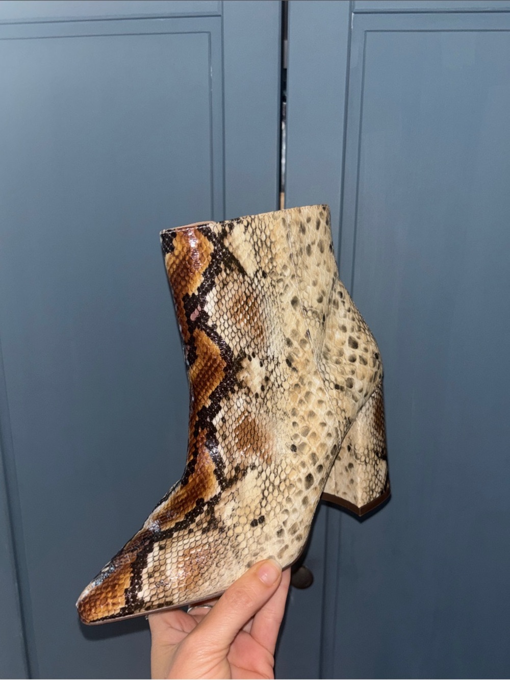 Charles David Snake Print Ankle Boots in Brown and Tan